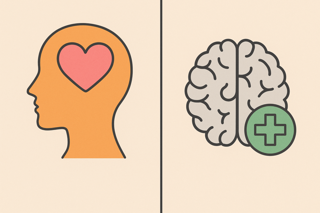 Porównanie rozwoju emocjonalnego i zdrowia psychicznego – ilustracja symboliczna z profilem głowy z sercem i mózgiem z symbolem zdrowia.